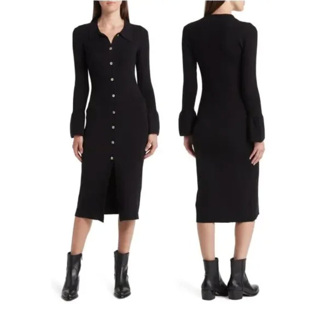 Rails Rosalie Black Ribbed Knit Button Down Long Sleeve Midi Dress
